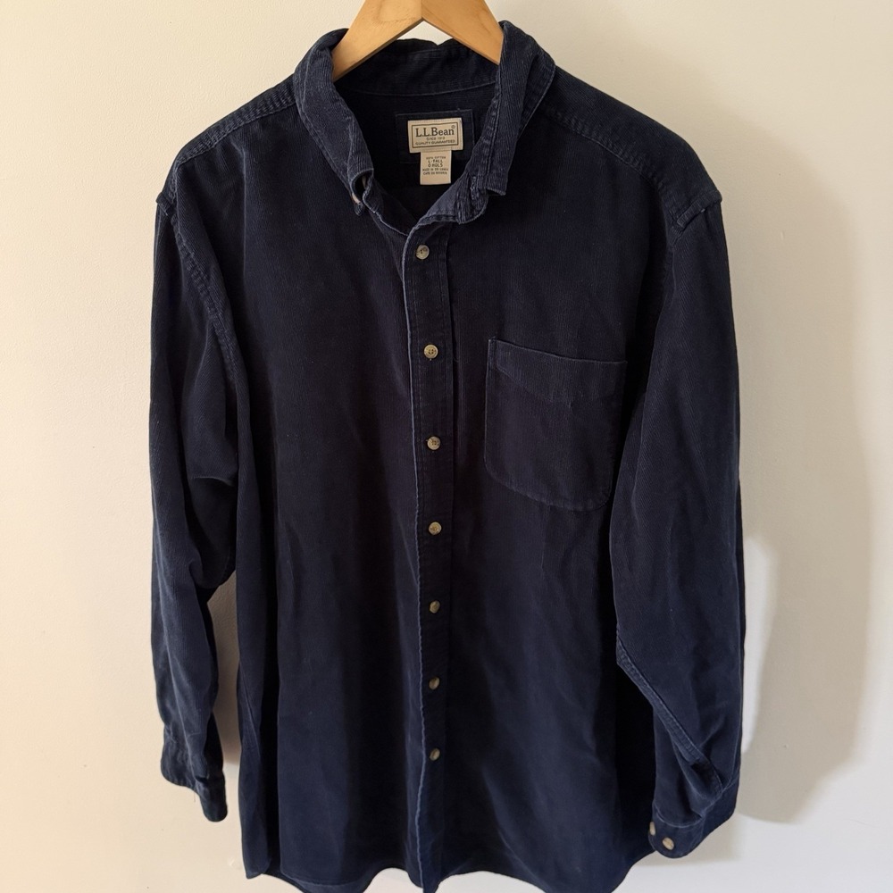 LL Bean Corduroy Shirt Mens Large Tall Blue Long Sleeve Button Down Vintage 90s